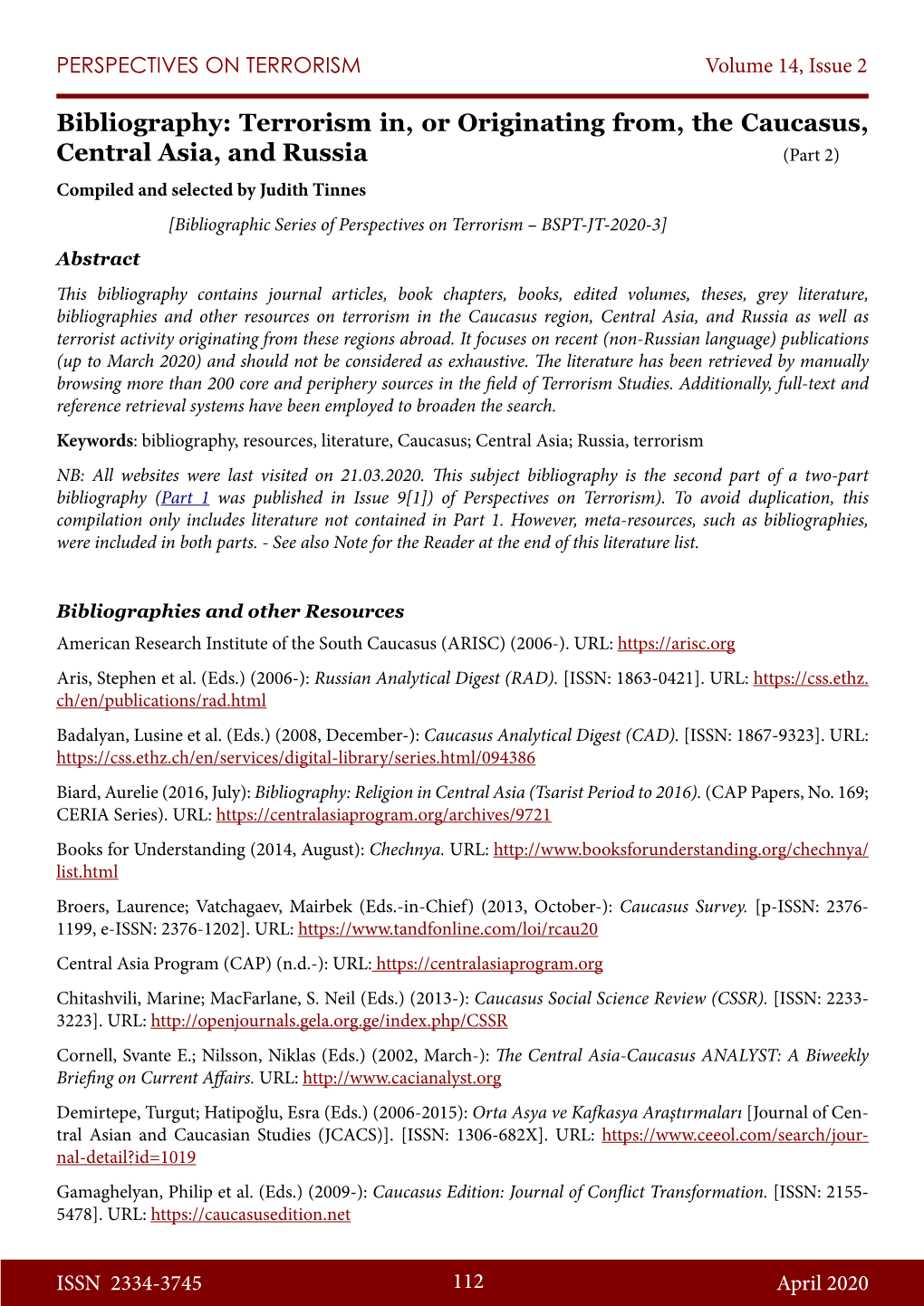 Terrorism In, Or Originating From, the Caucasus, Central Asia, and Russia