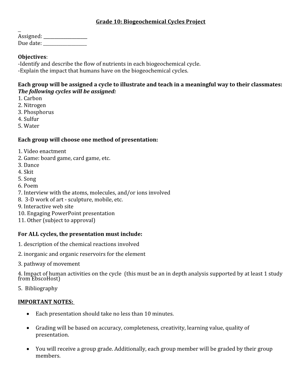 Grade 10: Biogeochemical Cycles Project