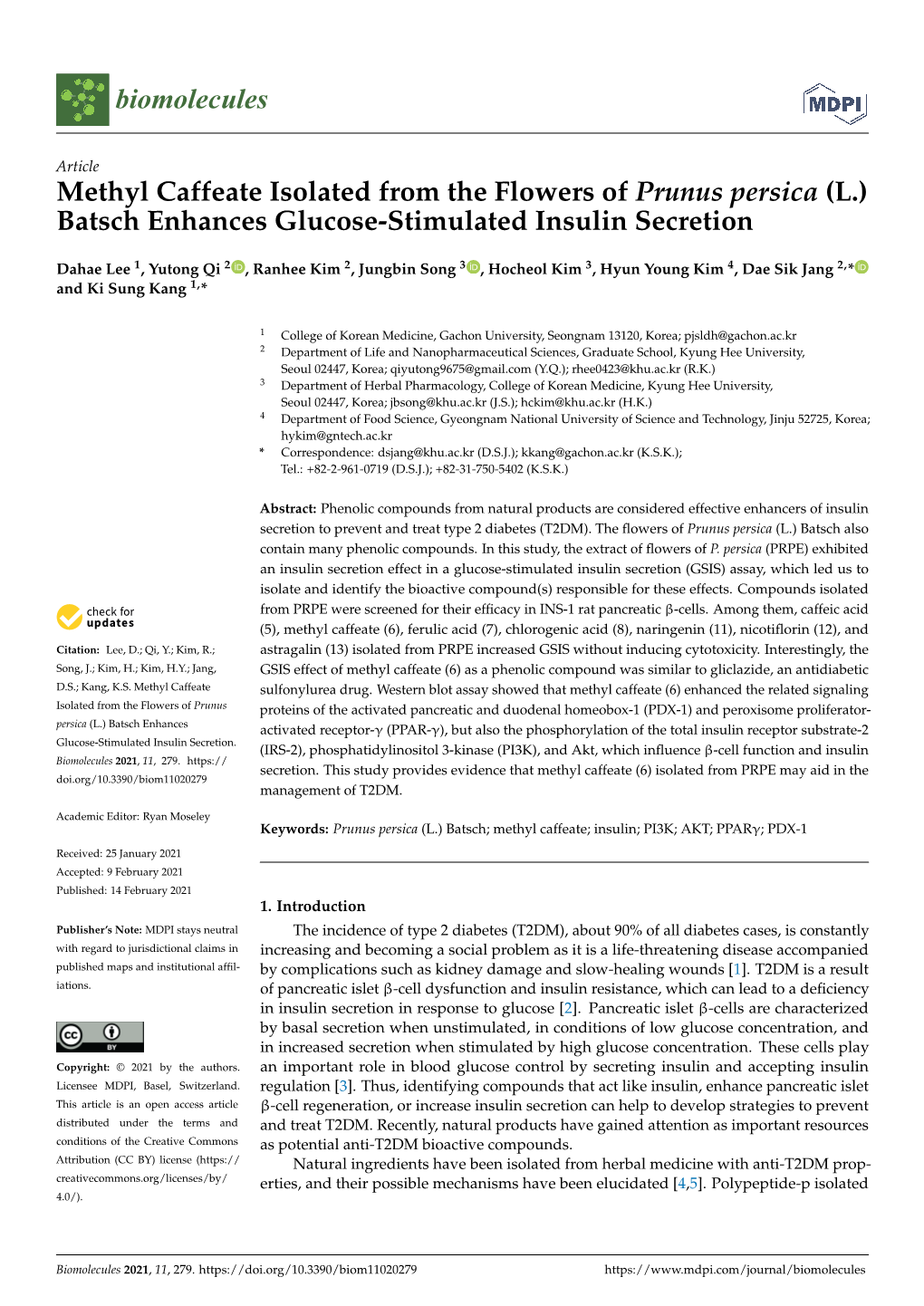 Methyl Caffeate Isolated from the Flowers of Prunus Persica (L.) Batsch Enhances Glucose-Stimulated Insulin Secretion