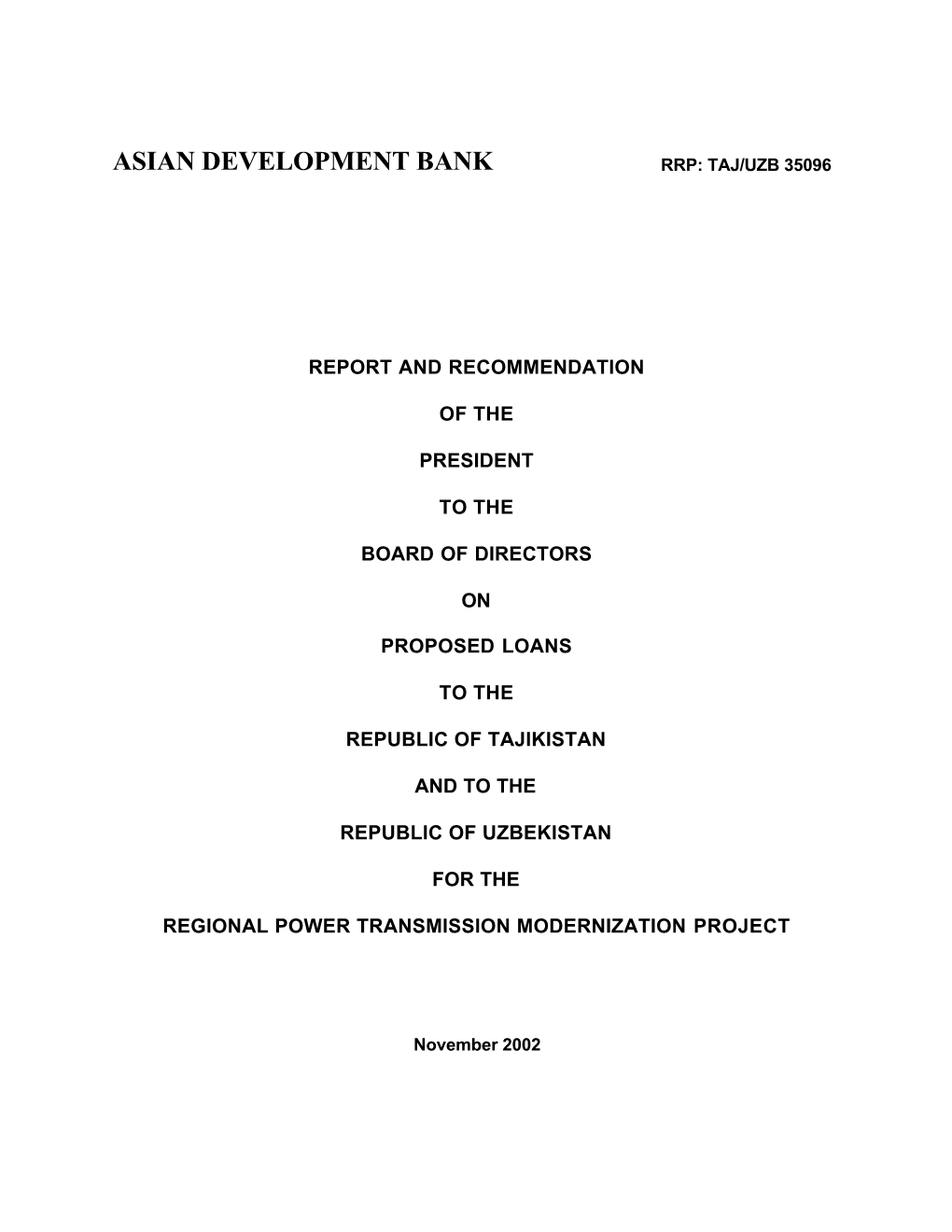Asian Development Bank Rrp: Taj/Uzb 35096