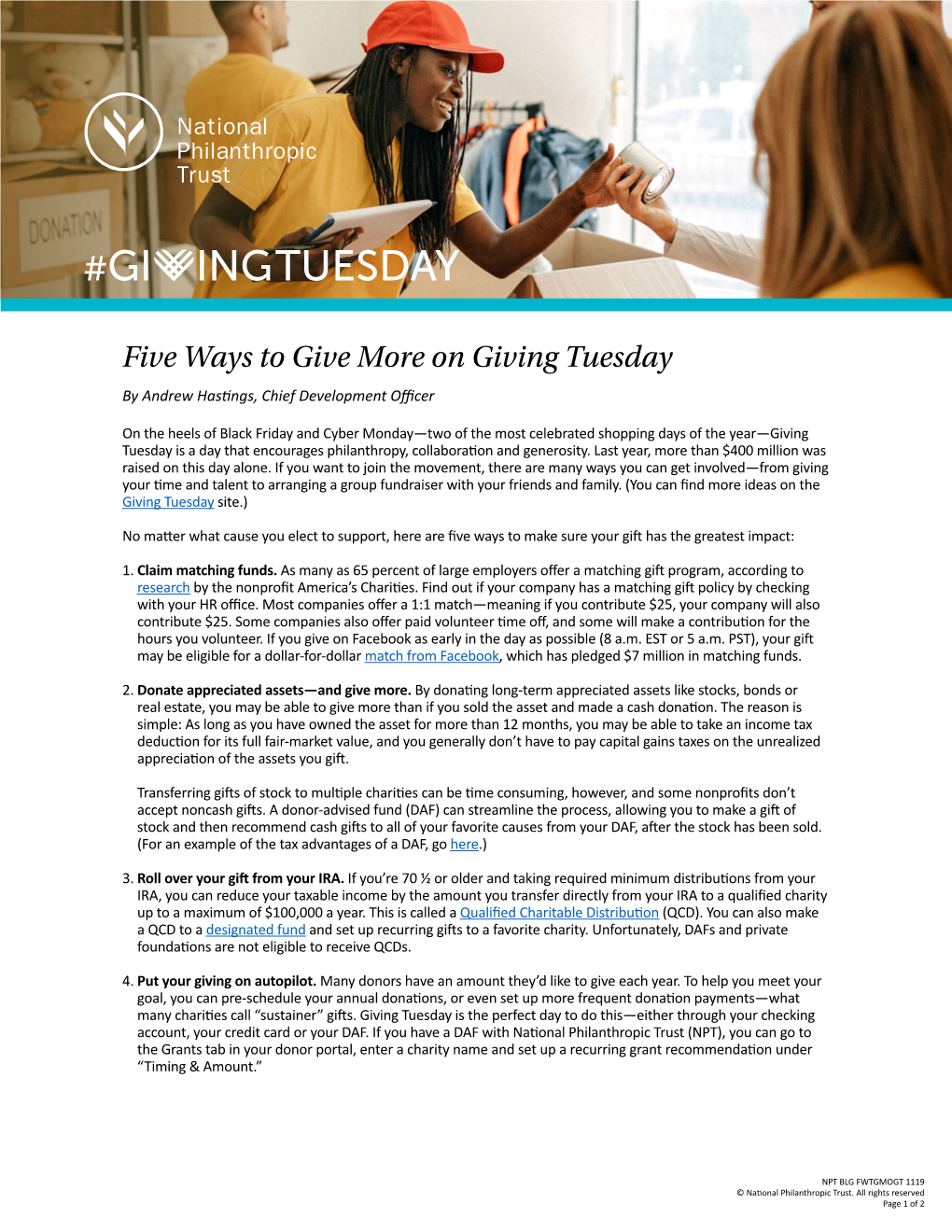 Five Ways to Give More on Giving Tuesday by Andrew Hastings, Chief Development Officer