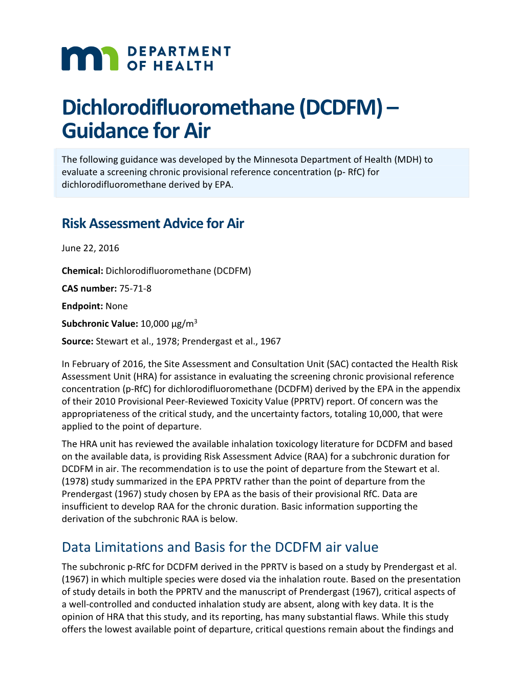 Dichlorodifluoromethane (DCDFM) – Guidance for Air