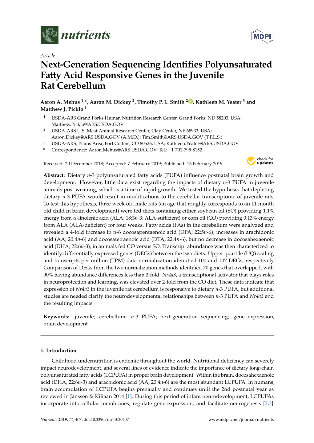 Next-Generation Sequencing Identifies Polyunsaturated Fatty Acid Responsive Genes in the Juvenile Rat Cerebellum