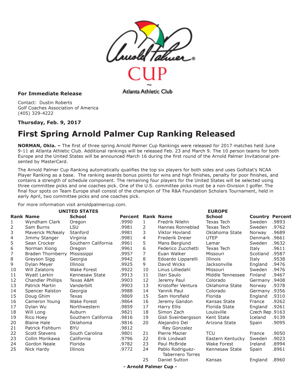 First Spring Arnold Palmer Cup Ranking Released