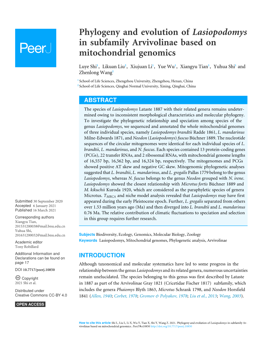 Phylogeny and Evolution of Lasiopodomys in Subfamily Arvivolinae Based on Mitochondrial Genomics