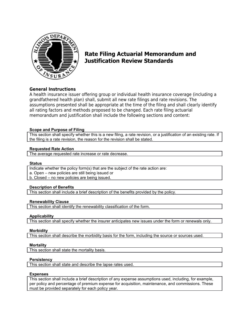 Rate Filing Actuarial Memorandum and Justification Review Standards