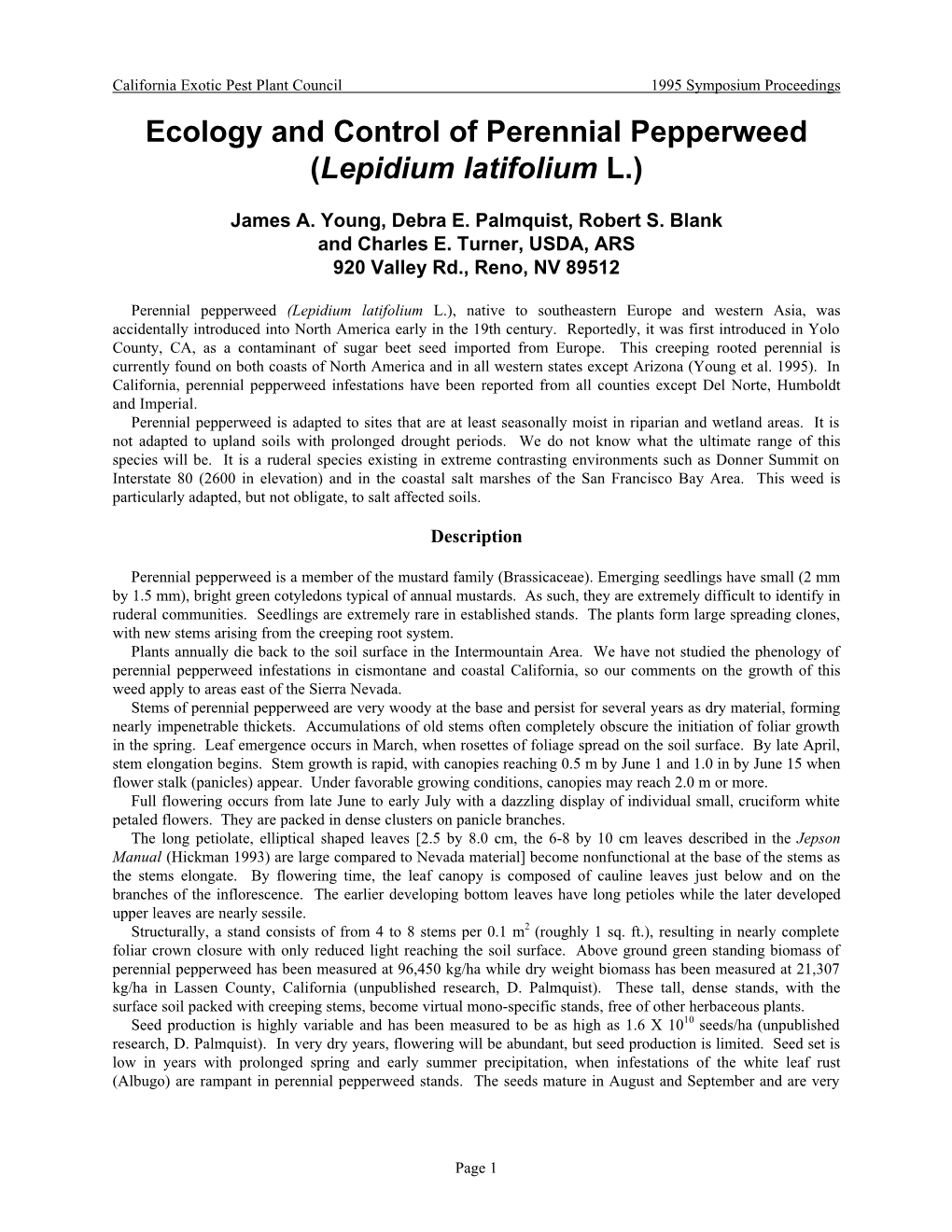 Ecology and Control of Perennial Pepperweed (Lepidium Latifolium L.)