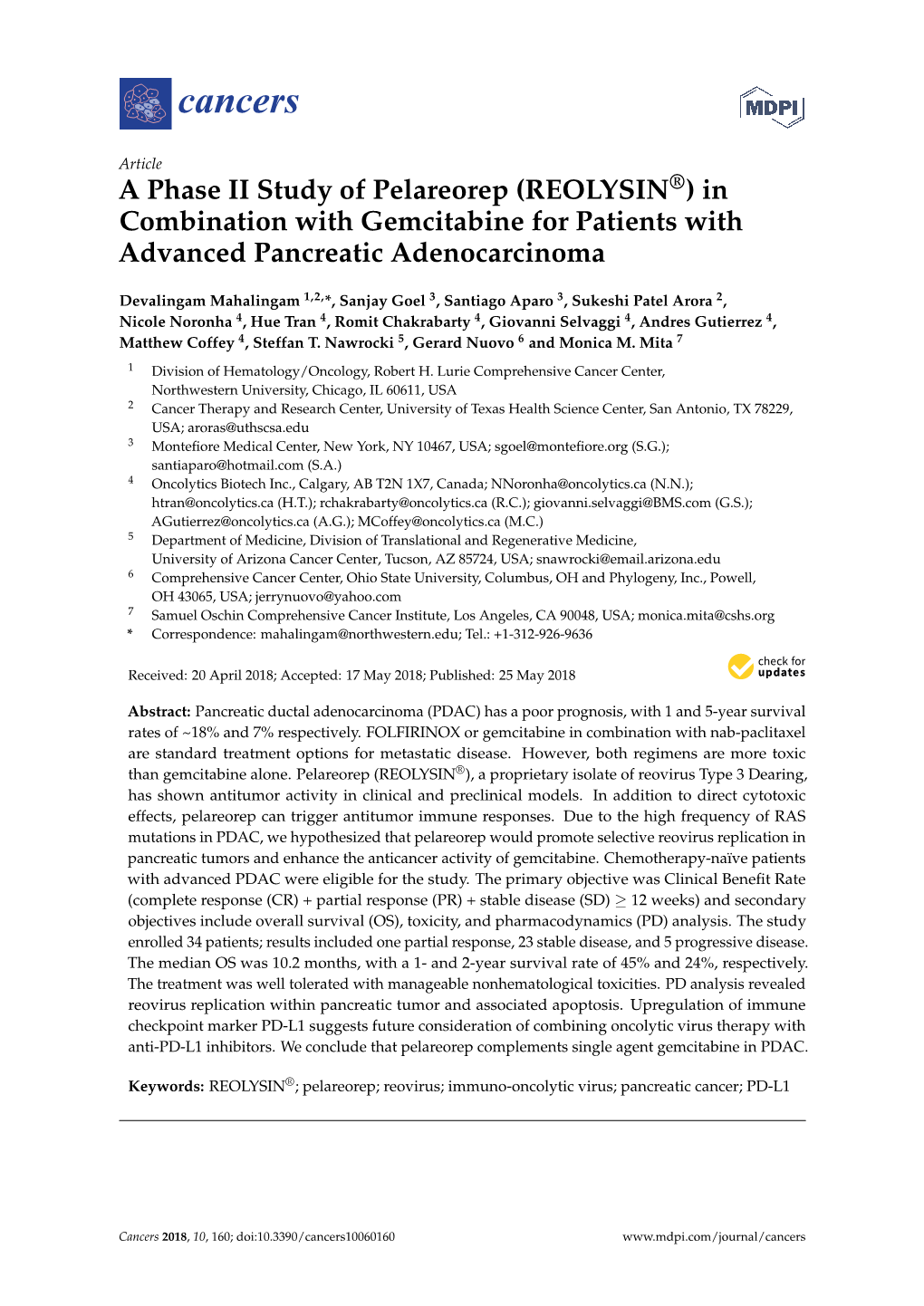 A Phase II Study of Pelareorep (REOLYSIN®) in Combination with Gemcitabine for Patients with Advanced Pancreatic Adenocarcinoma