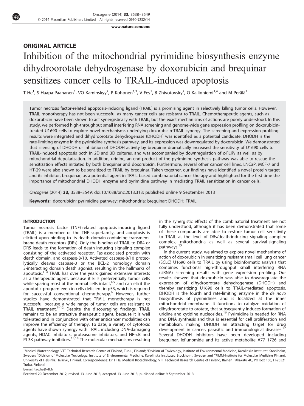 Inhibition of the Mitochondrial Pyrimidine Biosynthesis Enzyme