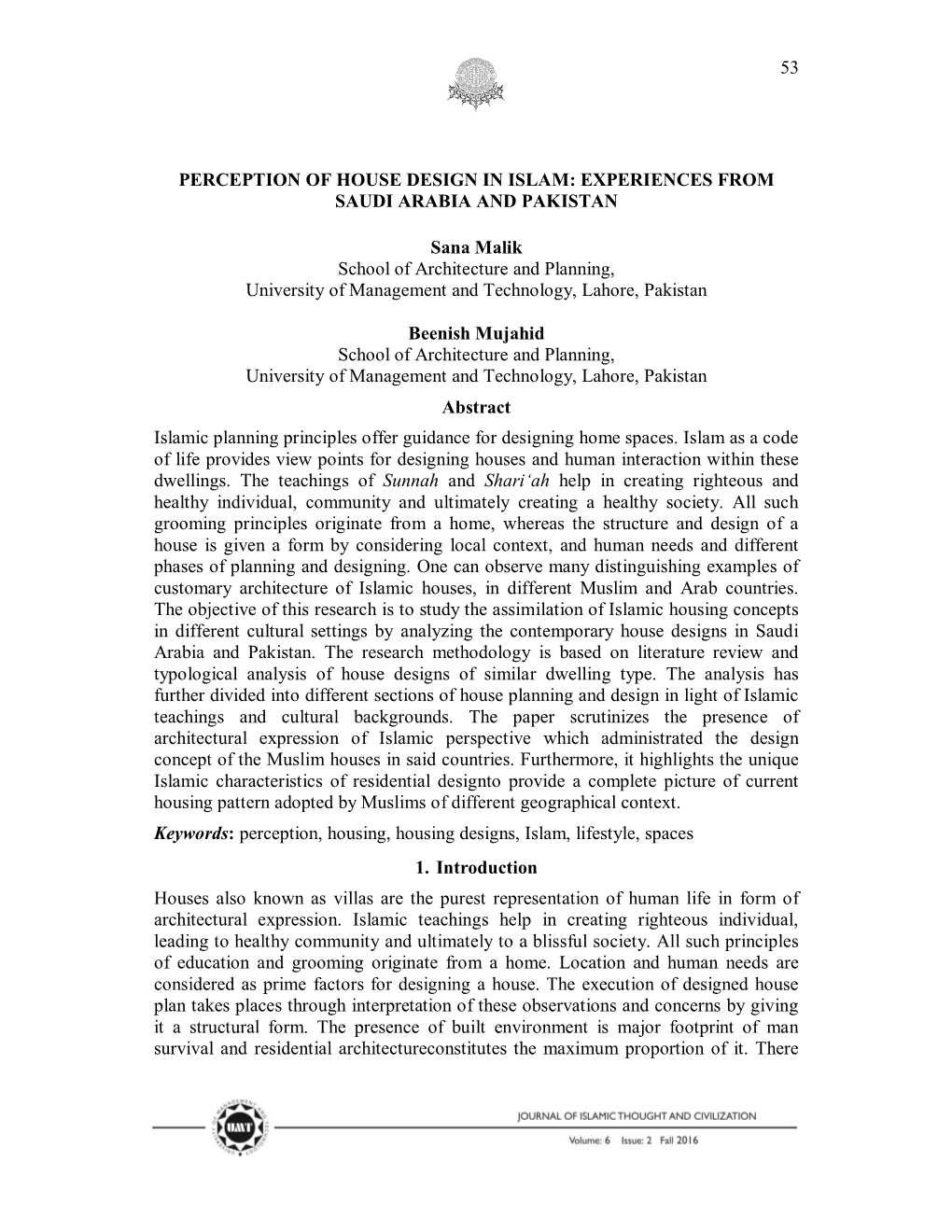 Perception of House Design in Islam: Experiences from Saudi Arabia and Pakistan