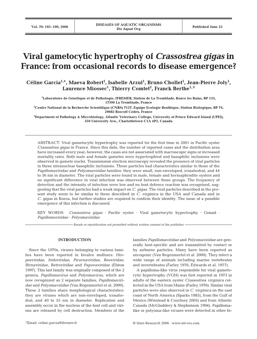 Viral Gametocytic Hypertrophy of Crassostrea Gigas in France: from Occasional Records to Disease Emergence?