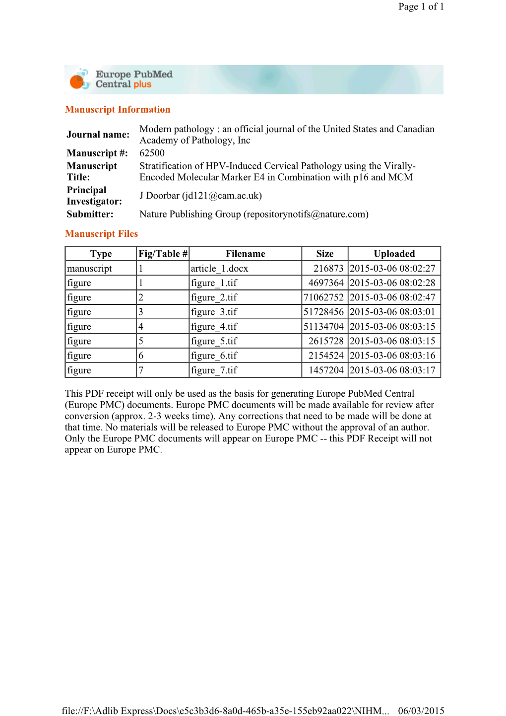 Manuscript Information Journal Name: Modern Pathology