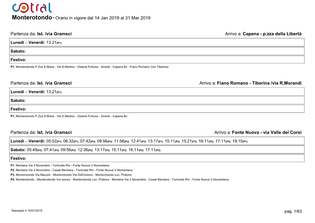 Monterotondo-Orario in Vigore Dal 14 Jan 2019 Al 31 Mar 2019 Partenza Da