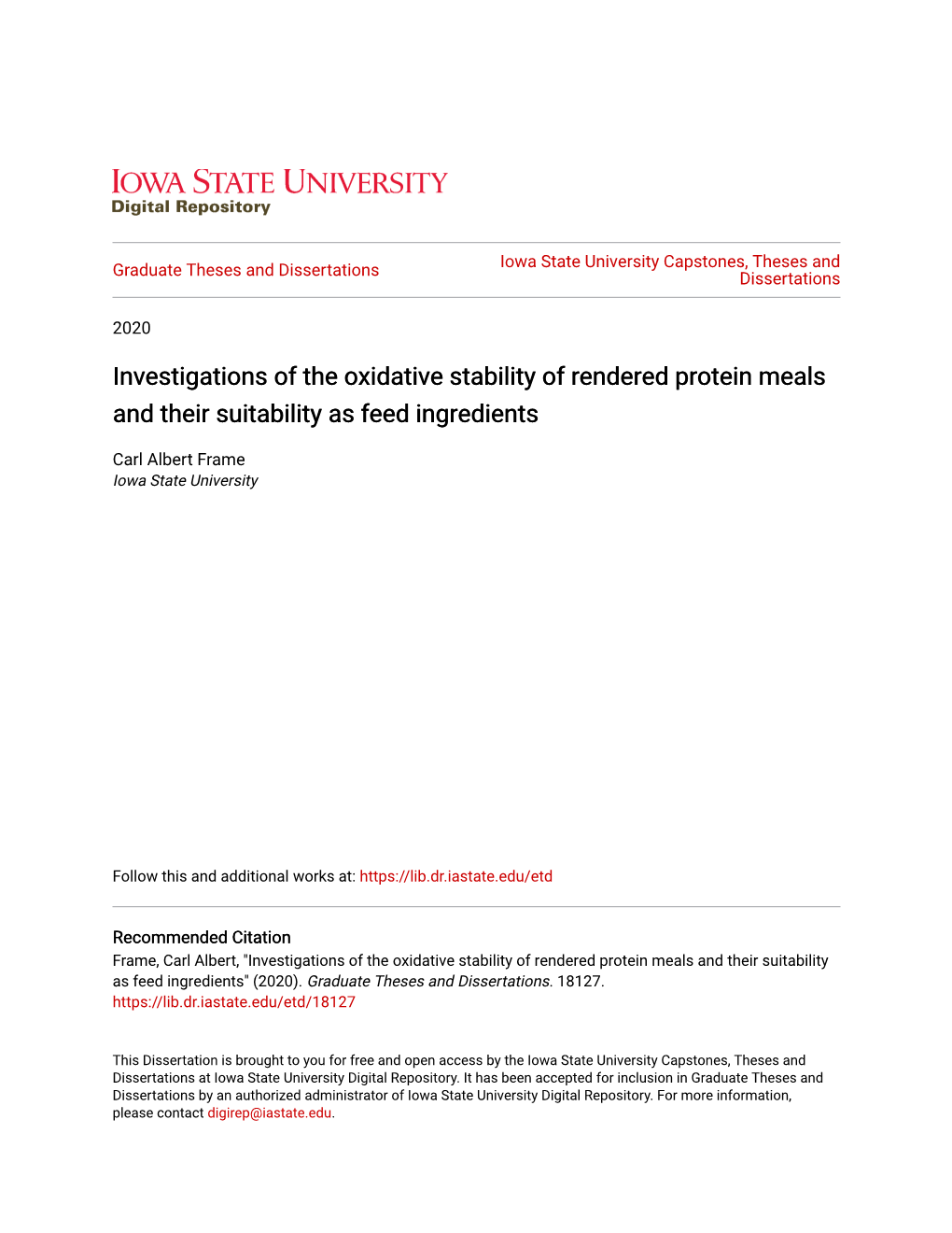 Investigations of the Oxidative Stability of Rendered Protein Meals and Their Suitability As Feed Ingredients