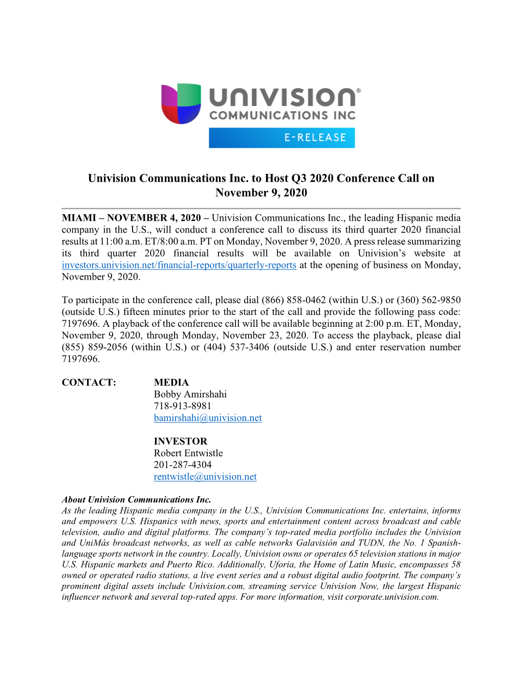 Univision Communications Inc. to Host Q3 2020 Conference Call on November 9, 2020