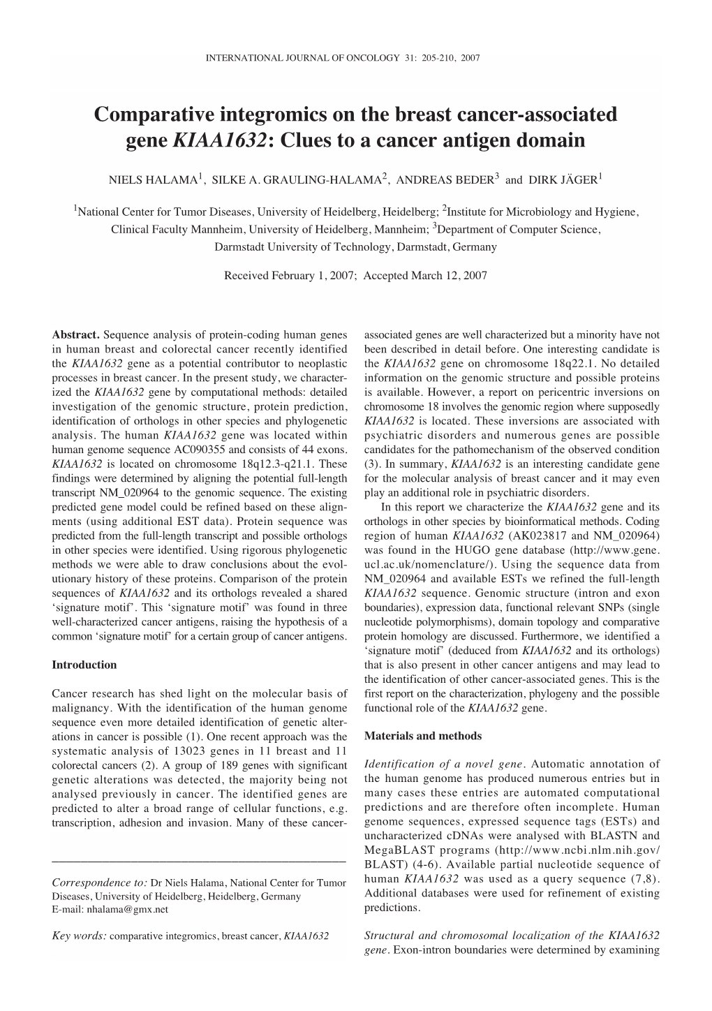 Comparative Integromics on the Breast Cancer-Associated Gene KIAA1632: Clues to a Cancer Antigen Domain