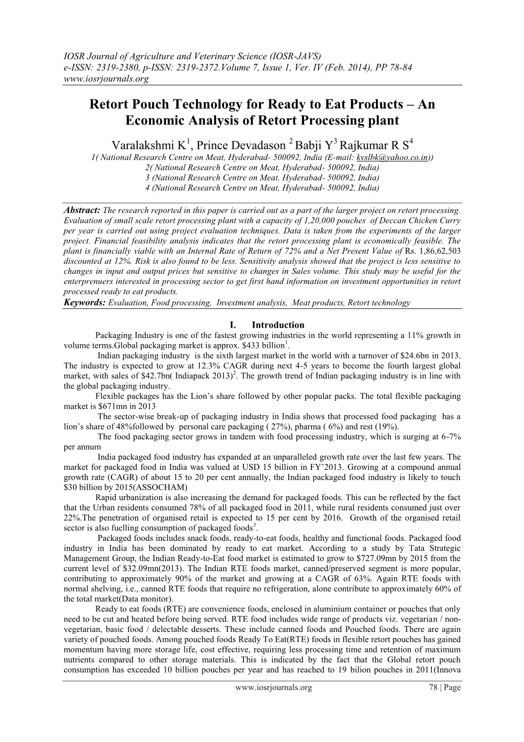 Retort Pouch Technology for Ready to Eat Products – an Economic Analysis of Retort Processing Plant