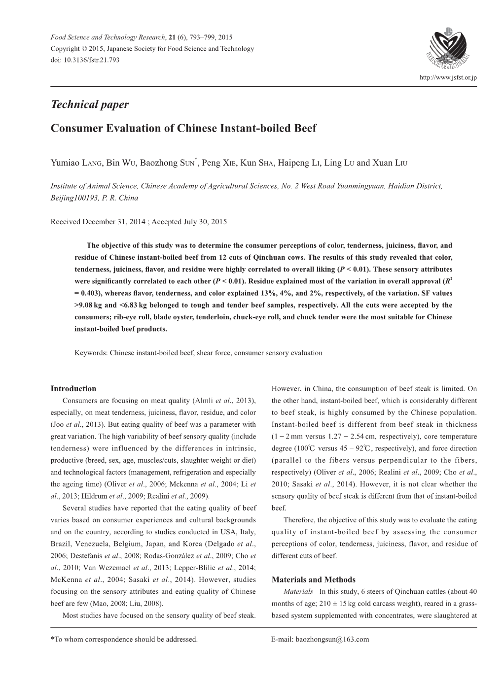 Technical Paper Consumer Evaluation of Chinese Instant-Boiled Beef