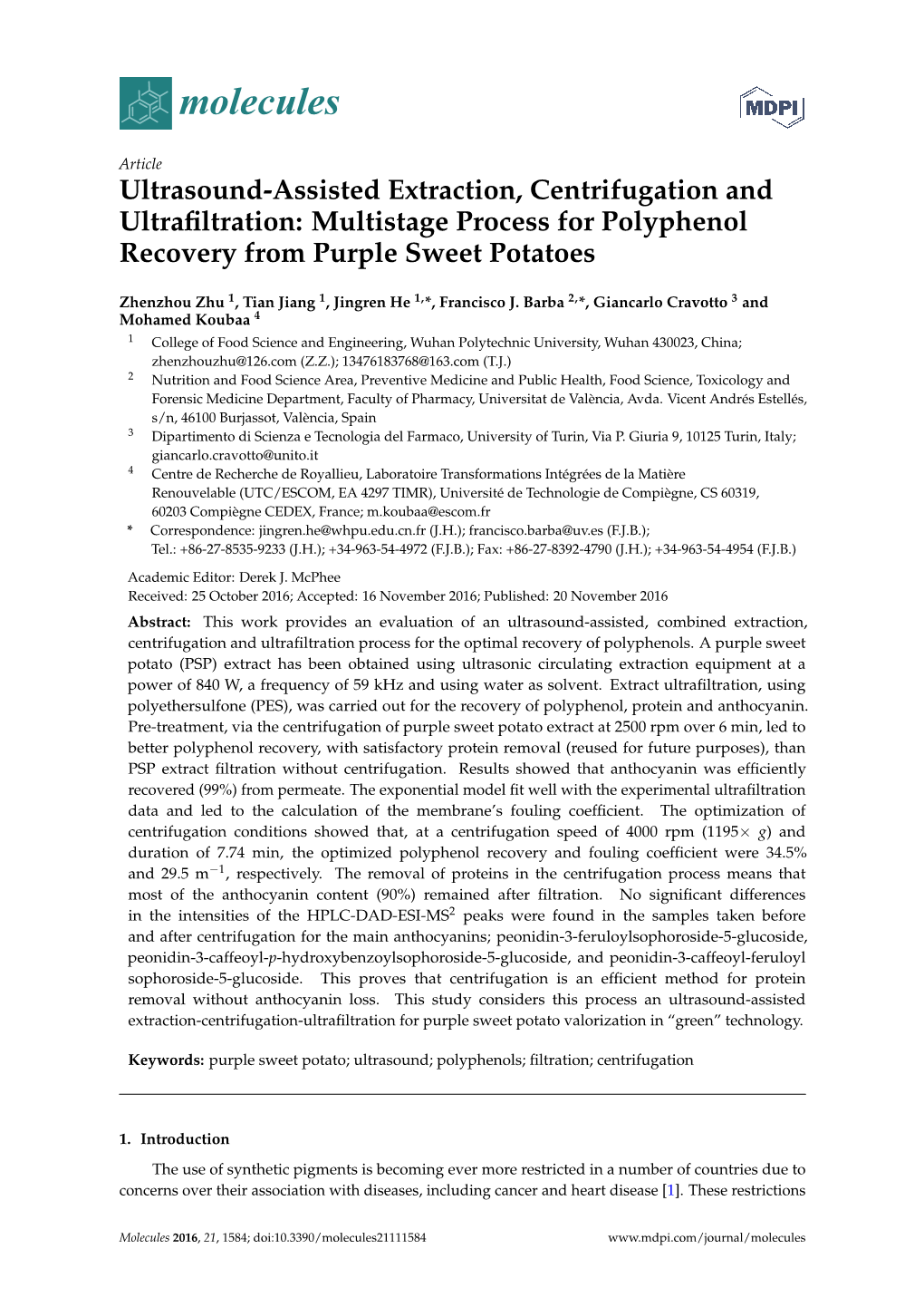 Ultrasound-Assisted Extraction, Centrifugation and Ultrafiltration