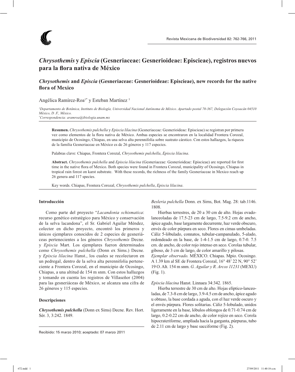 Chrysothemis and Episcia (Gesneriaceae: Gesnerioideae: Episcieae), New Records for the Native Flora of Mexico