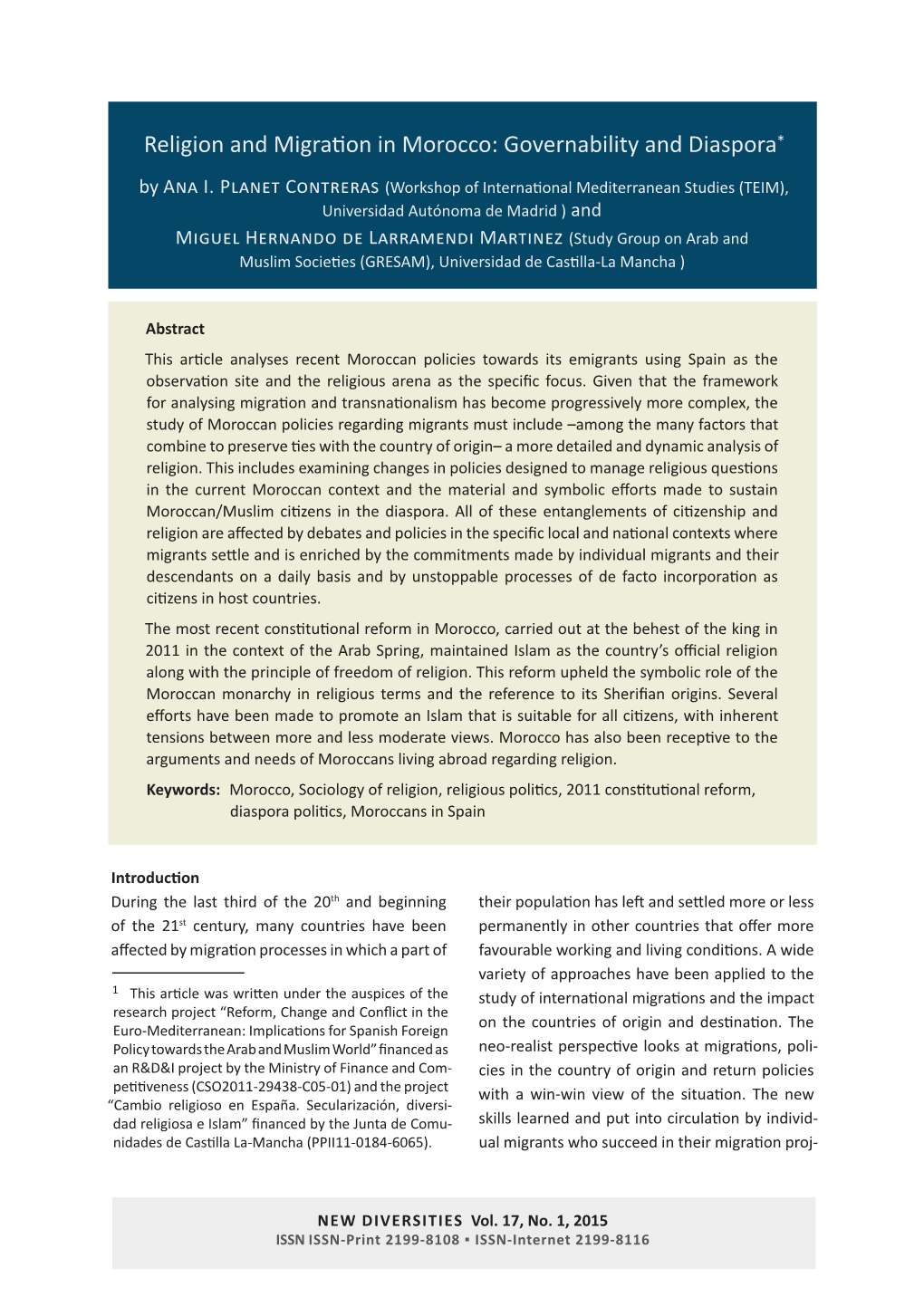 Religion and Migration in Morocco: Governability and Diaspora*