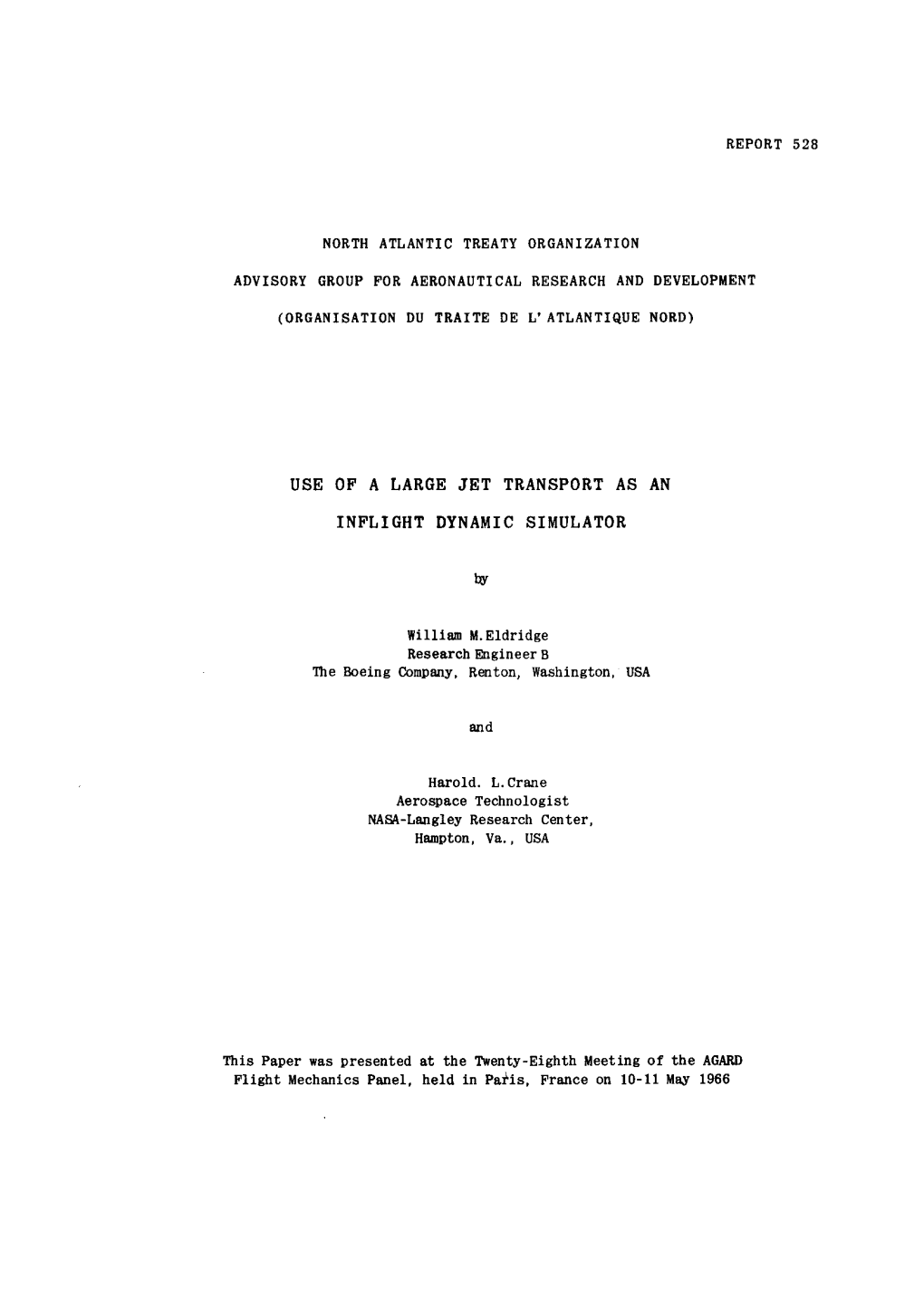 USE of a LARGE JET TRANSPORT As an INFLIGHT DYNAMIC SIMULATOR