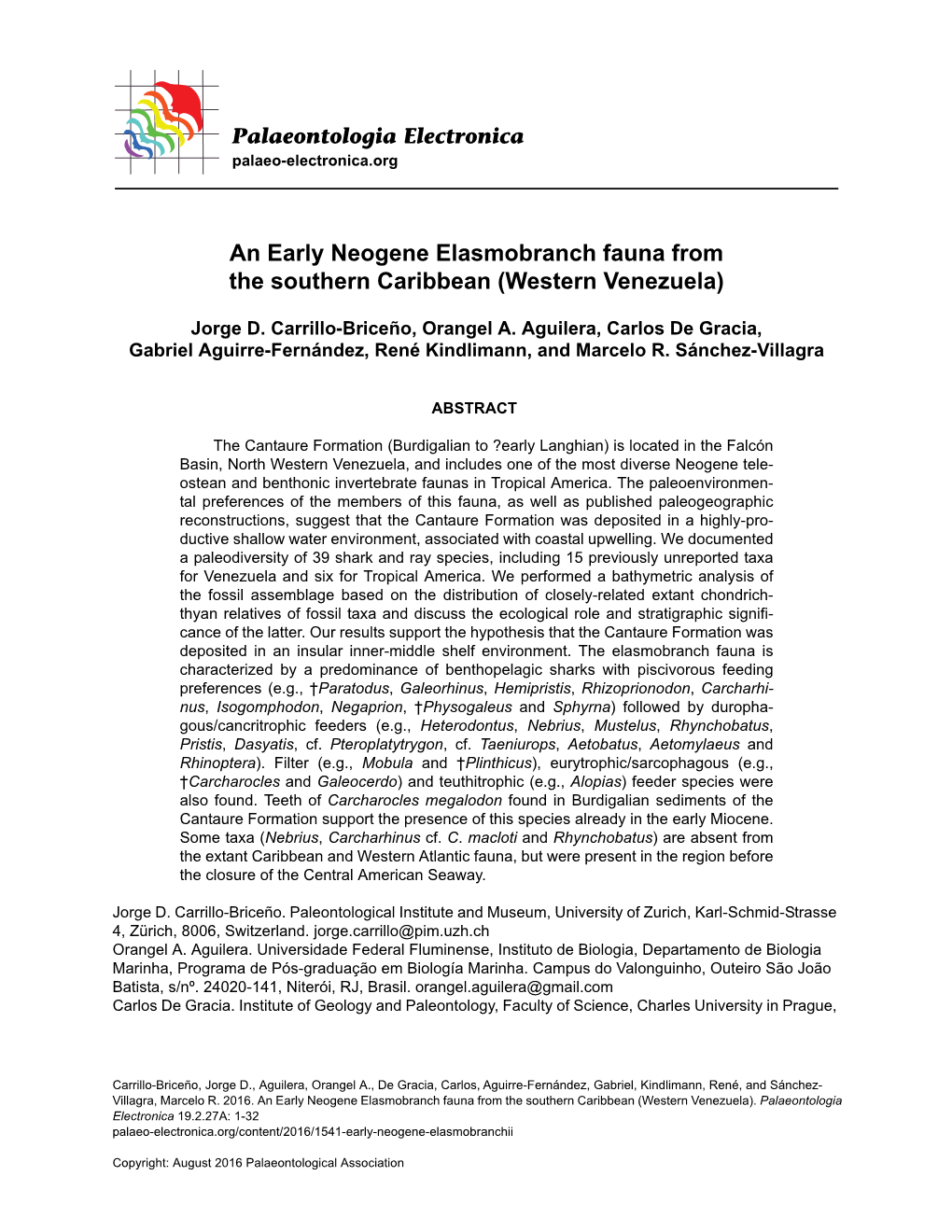 An Early Neogene Elasmobranch Fauna from the Southern Caribbean (Western Venezuela)