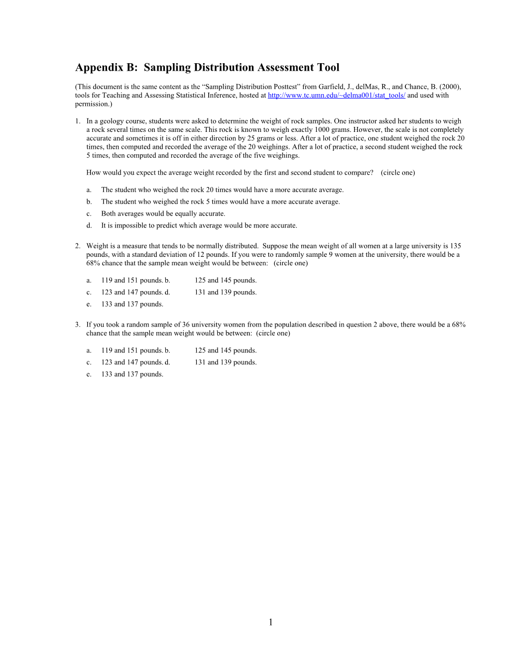 Appendix B: Sampling Distribution Assessment Tool