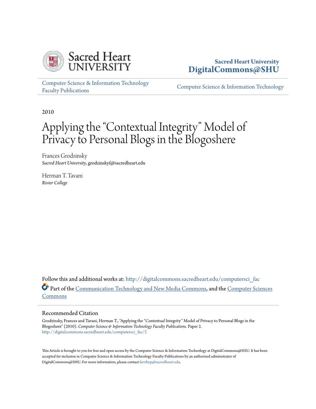 Applying the Â•Œcontextual Integrityâ•Š Model of Privacy to Personal