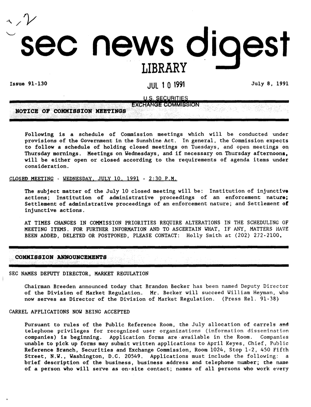 SEC News Digest, 07-08-1991