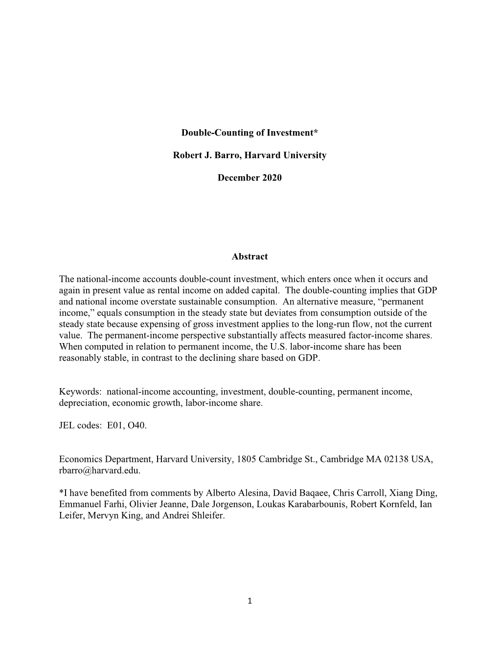 Double-Counting of Investment* Robert J. Barro, Harvard University