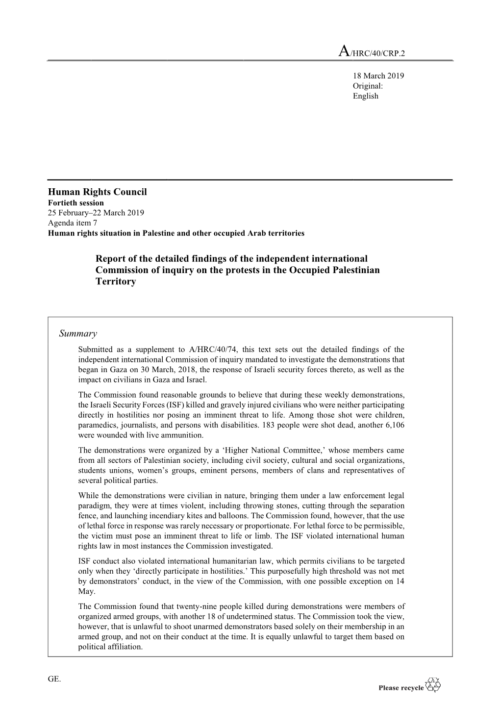 Human Rights Council Report of the Detailed Findings of the Independent