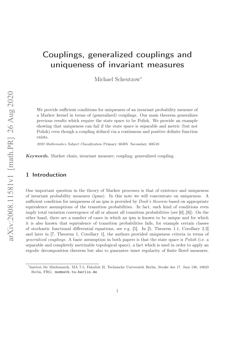 Couplings, Generalized Couplings and Uniqueness of Invariant Measures