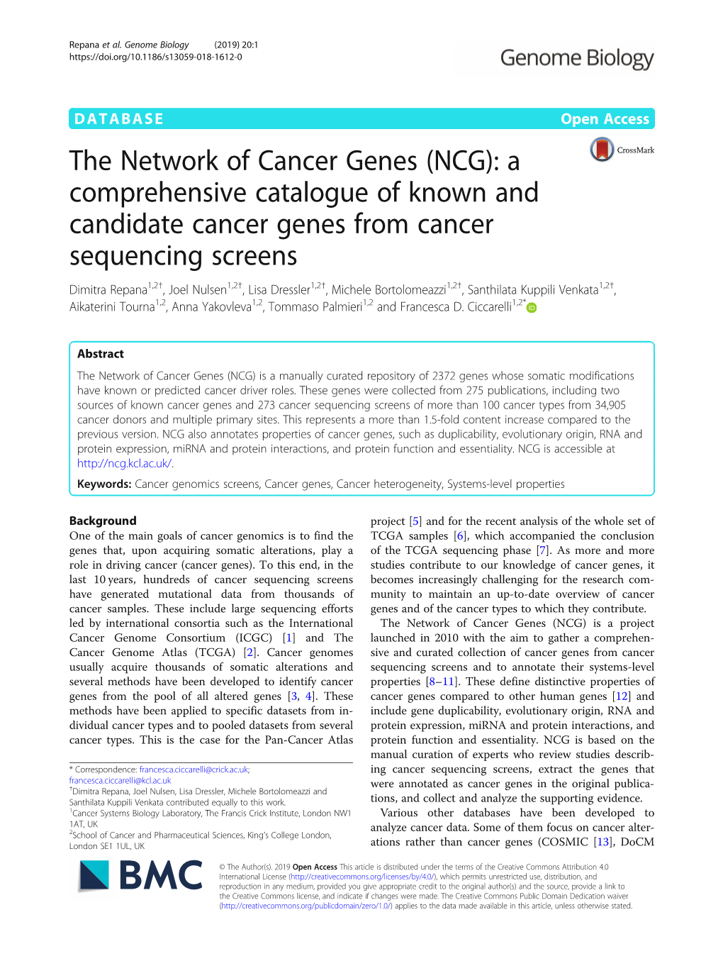 The Network of Cancer Genes (NCG): a Comprehensive Catalogue Of