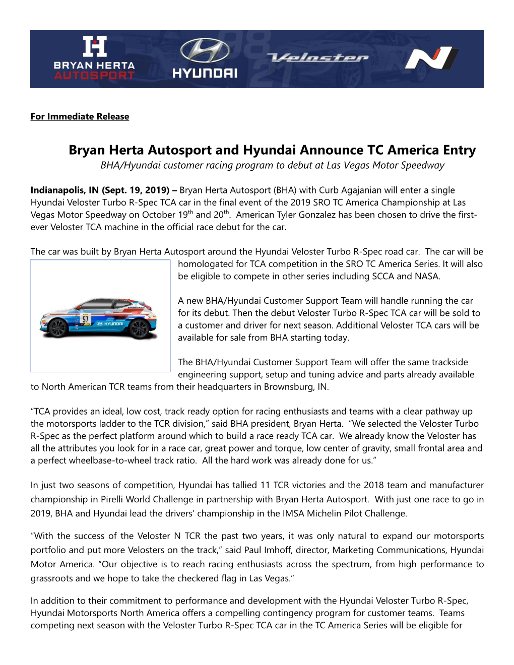 Bryan Herta Autosport and Hyundai Announce TC America Entry BHA/Hyundai Customer Racing Program to Debut at Las Vegas Motor Speedway