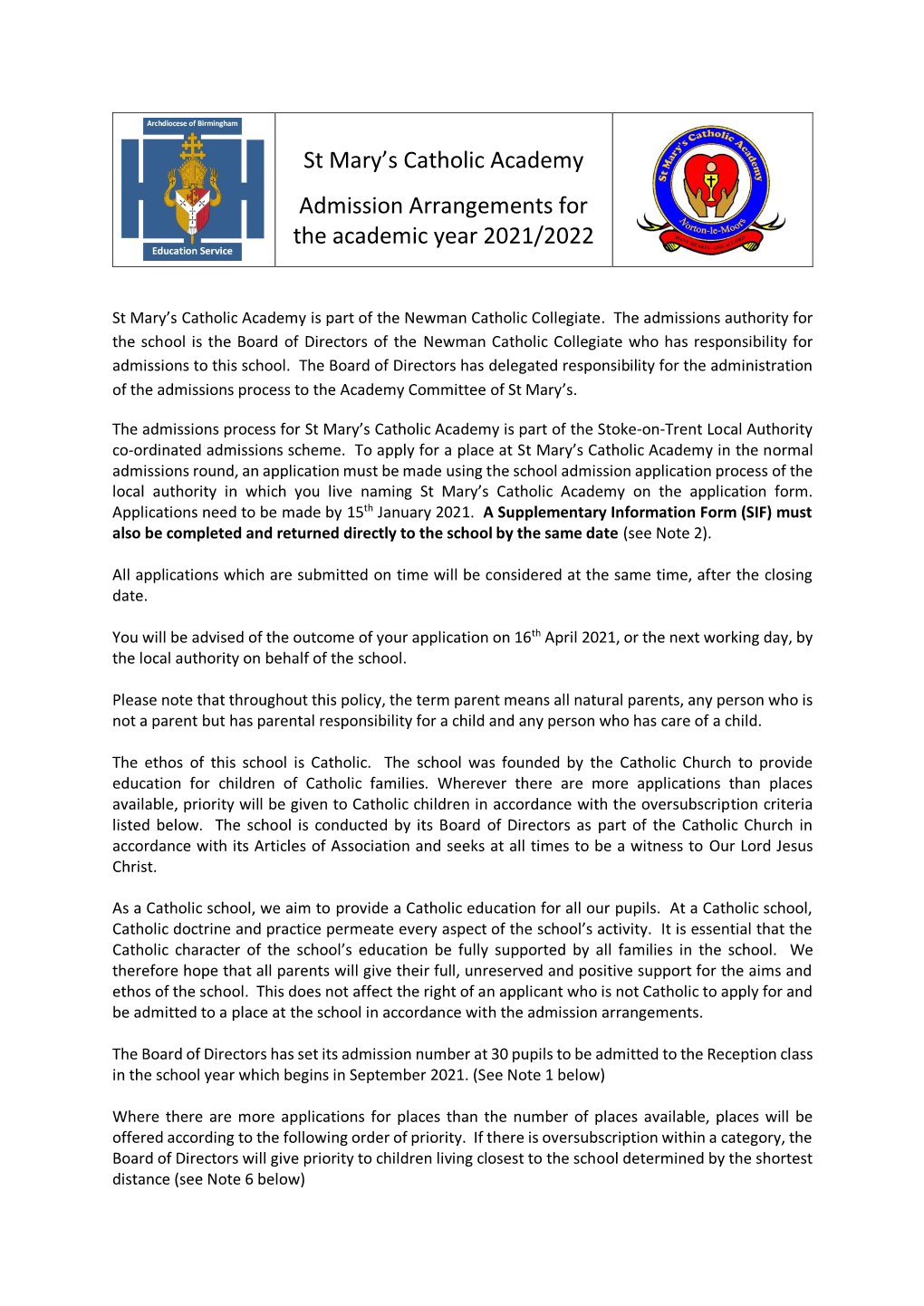 SMA Admissions Policy 2021