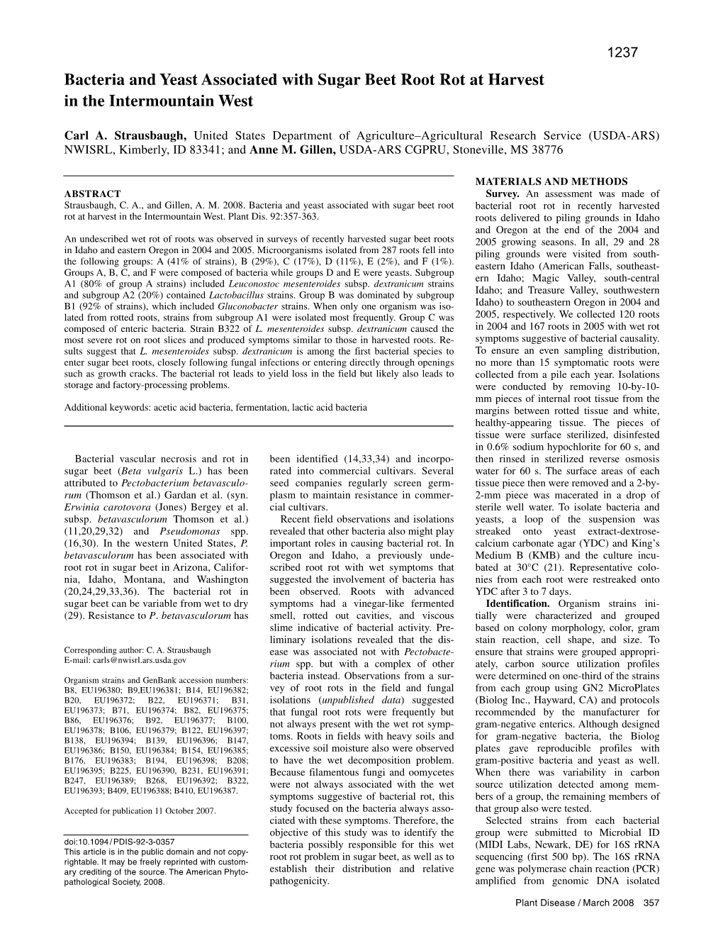 Bacteria and Yeast Associated with Sugar Beet Root Rot at Harvest in the Intermountain West