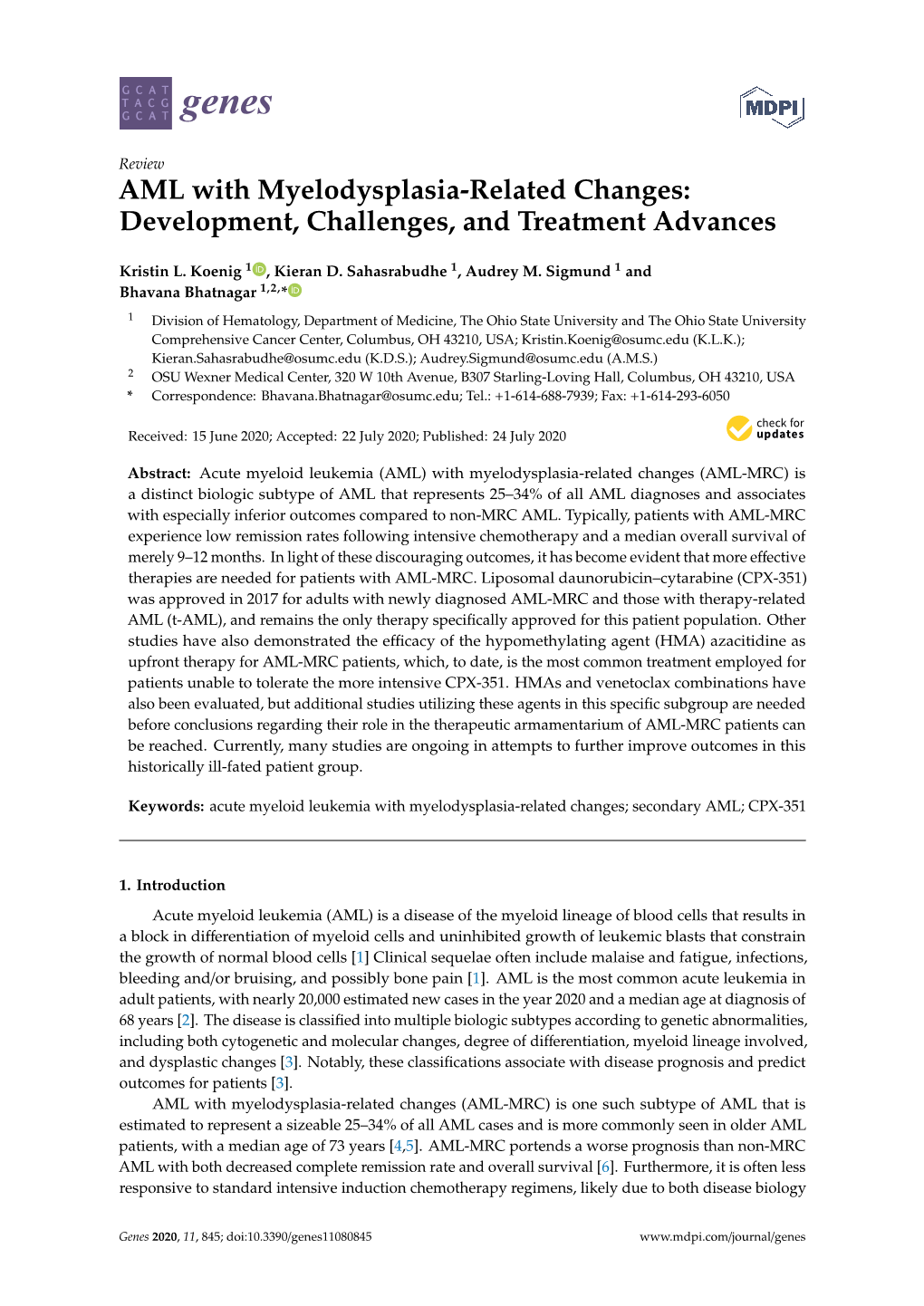 AML with Myelodysplasia-Related Changes: Development, Challenges, and Treatment Advances