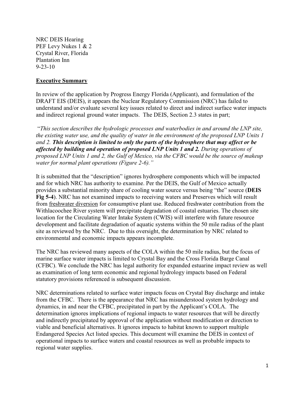 NRC DEIS Hearing PEF Levy Nukes 1 & 2 Crystal River, Florida