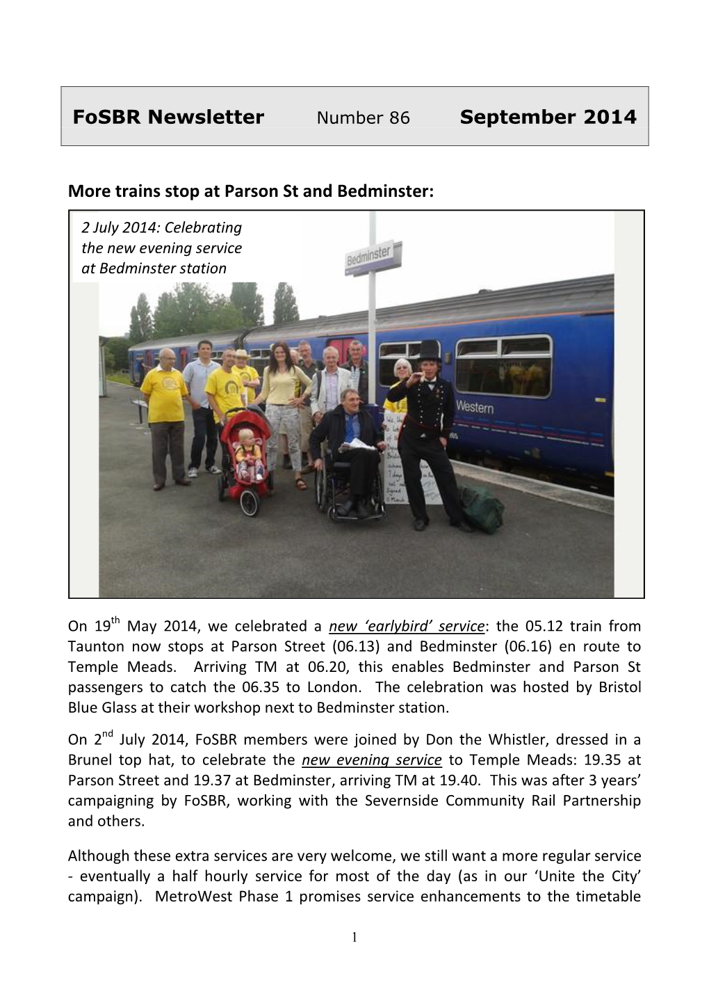 Fosbr Newsletter September 2014 More Trains Stop at Parson St And