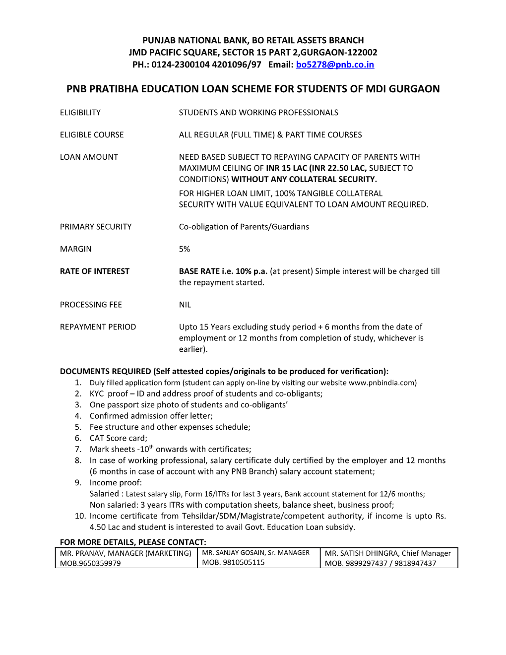 Punjab National Bank, Bo Retail Assets Branch