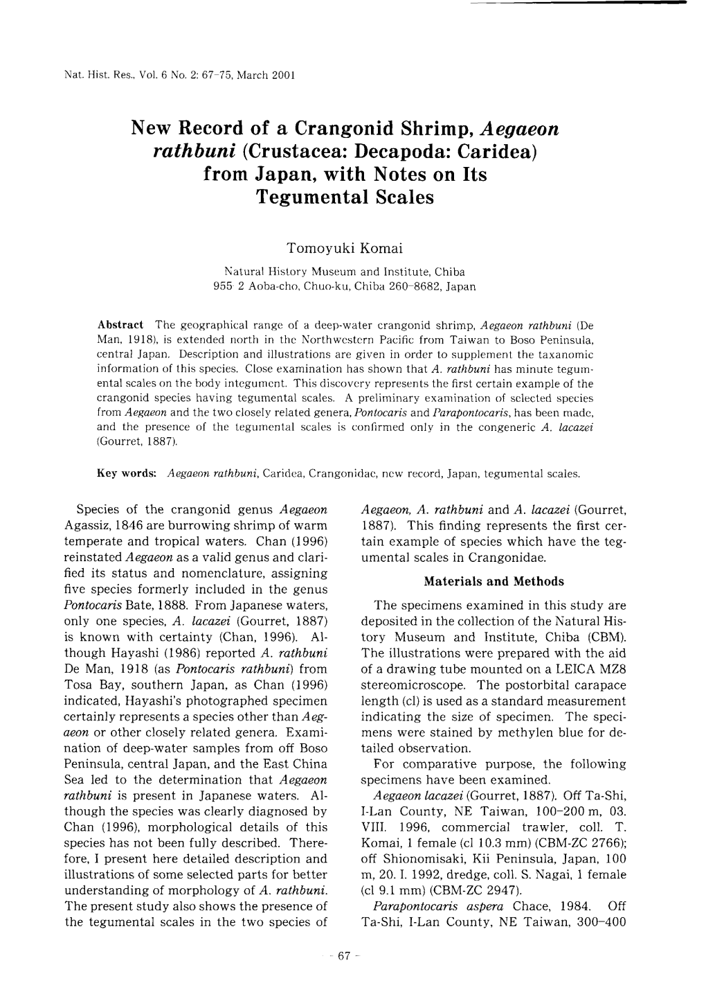 New Record of a Crangonid Shrimp, Aegaeon Rathbuni (Crustacea: Decapoda: Caridea) from Japan, with Notes on Its Tegumental Scales