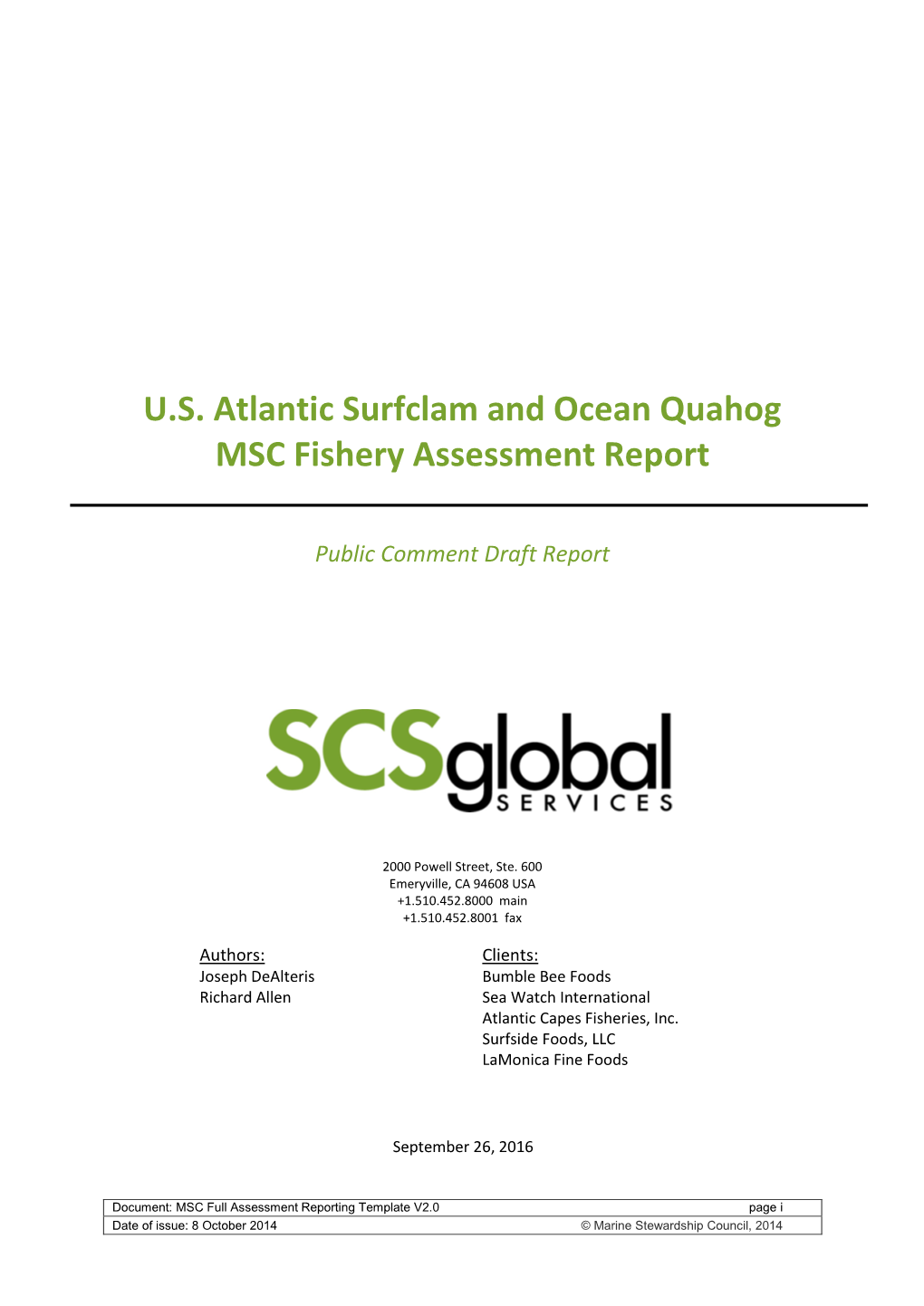 U.S. Atlantic Surfclam and Ocean Quahog MSC Fishery Assessment Report