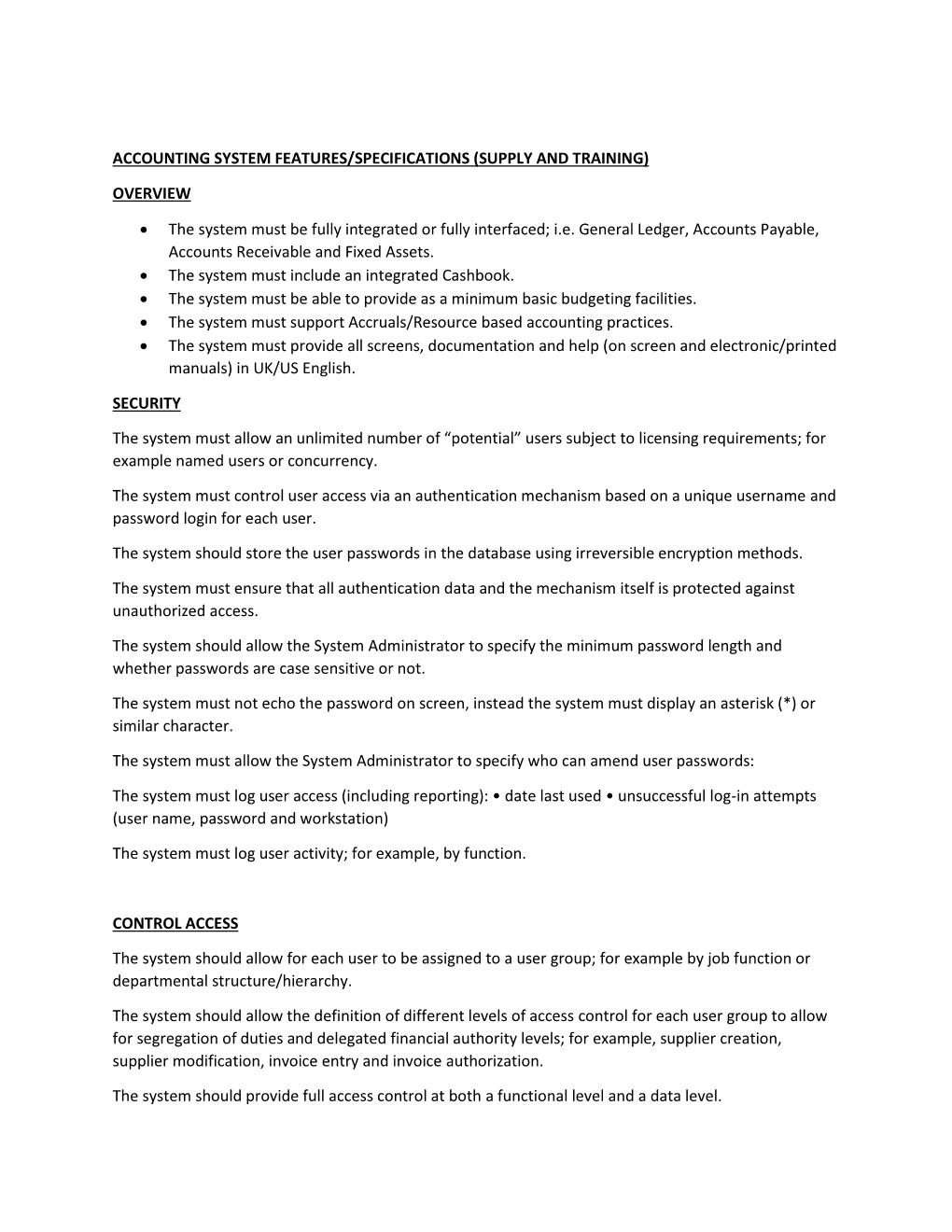 Accounting System Features/Specifications (Supply and Training)