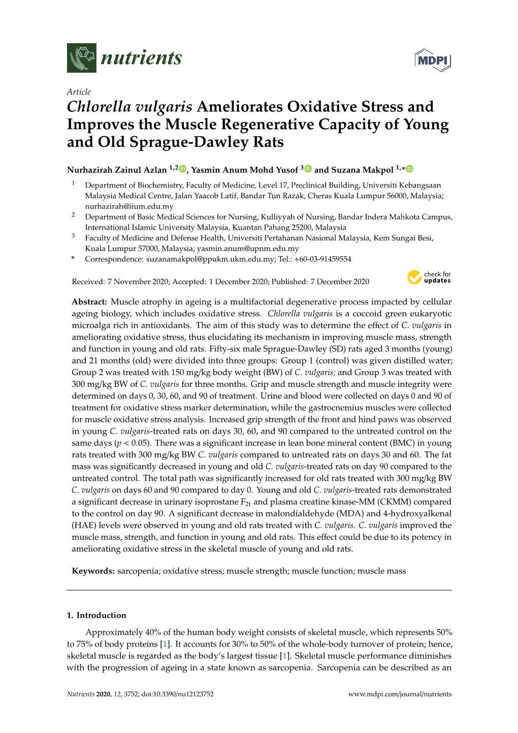 Chlorella Vulgaris Ameliorates Oxidative Stress and Improves the Muscle Regenerative Capacity of Young and Old Sprague-Dawley Rats