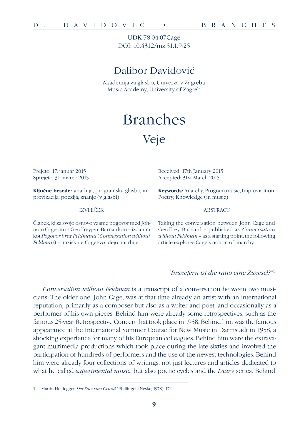 BRANCHES UDK 78.04.07Cage DOI: 10.4312/Mz.51.1.9-25
