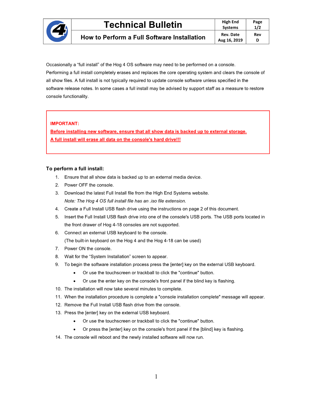 Technical Bulletin Systems 1/2 How to Perform a Full Software Installation Rev