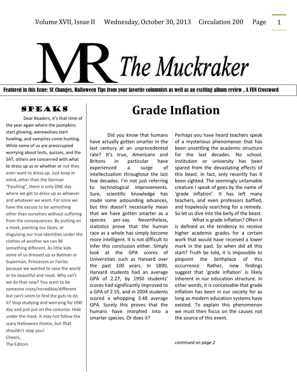 Volume XVII, Issue II Wednesday, October 30, 2013 Circulation 200 Page 1