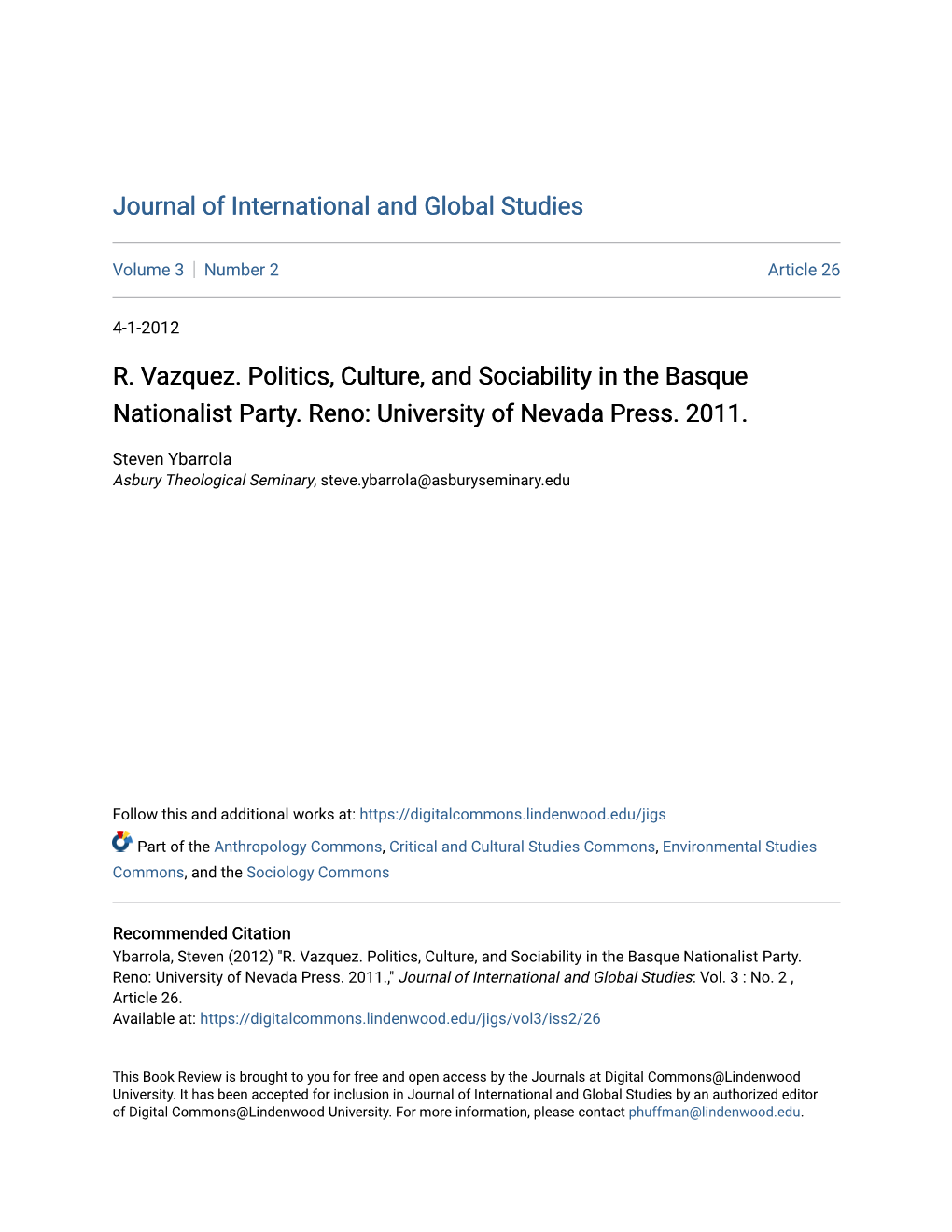 R. Vazquez. Politics, Culture, and Sociability in the Basque Nationalist Party