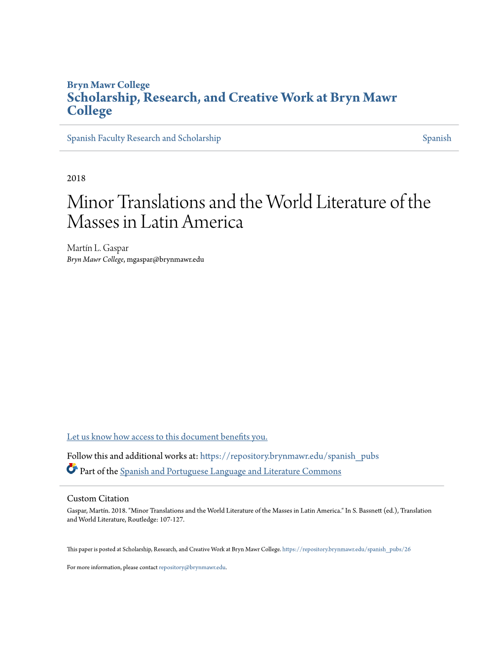 Minor Translations and the World Literature of the Masses in Latin America Martín L